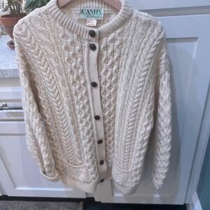 Cashs of Ireland Womens Pure Wool Cable Knit Fisherman Cardigan Sweater Cream